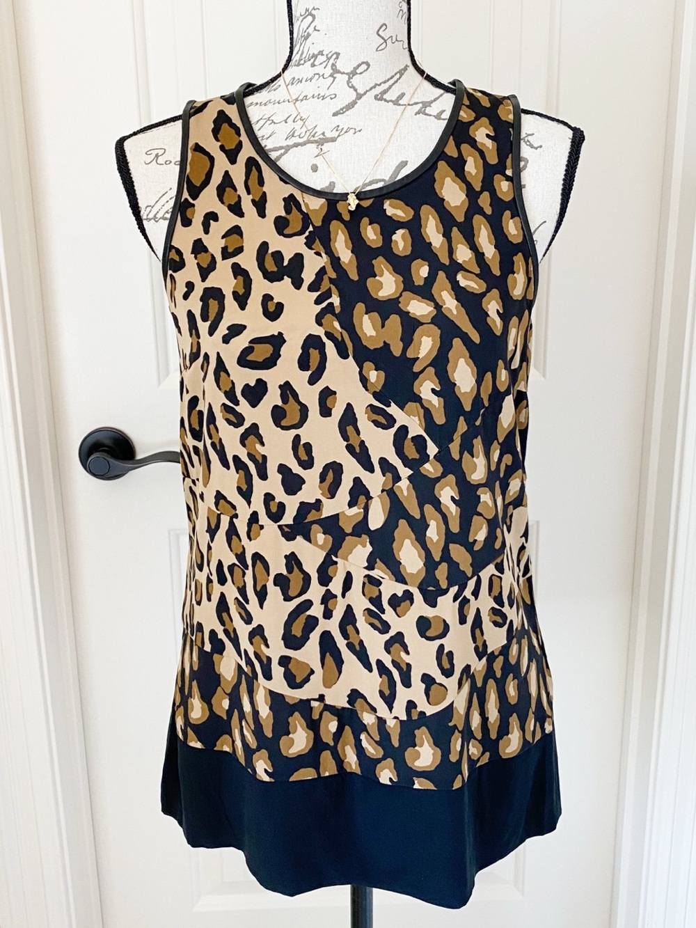 DKNY Animal Print Silk Blend Sleeveless Top Black Tan Brown Leather Piping